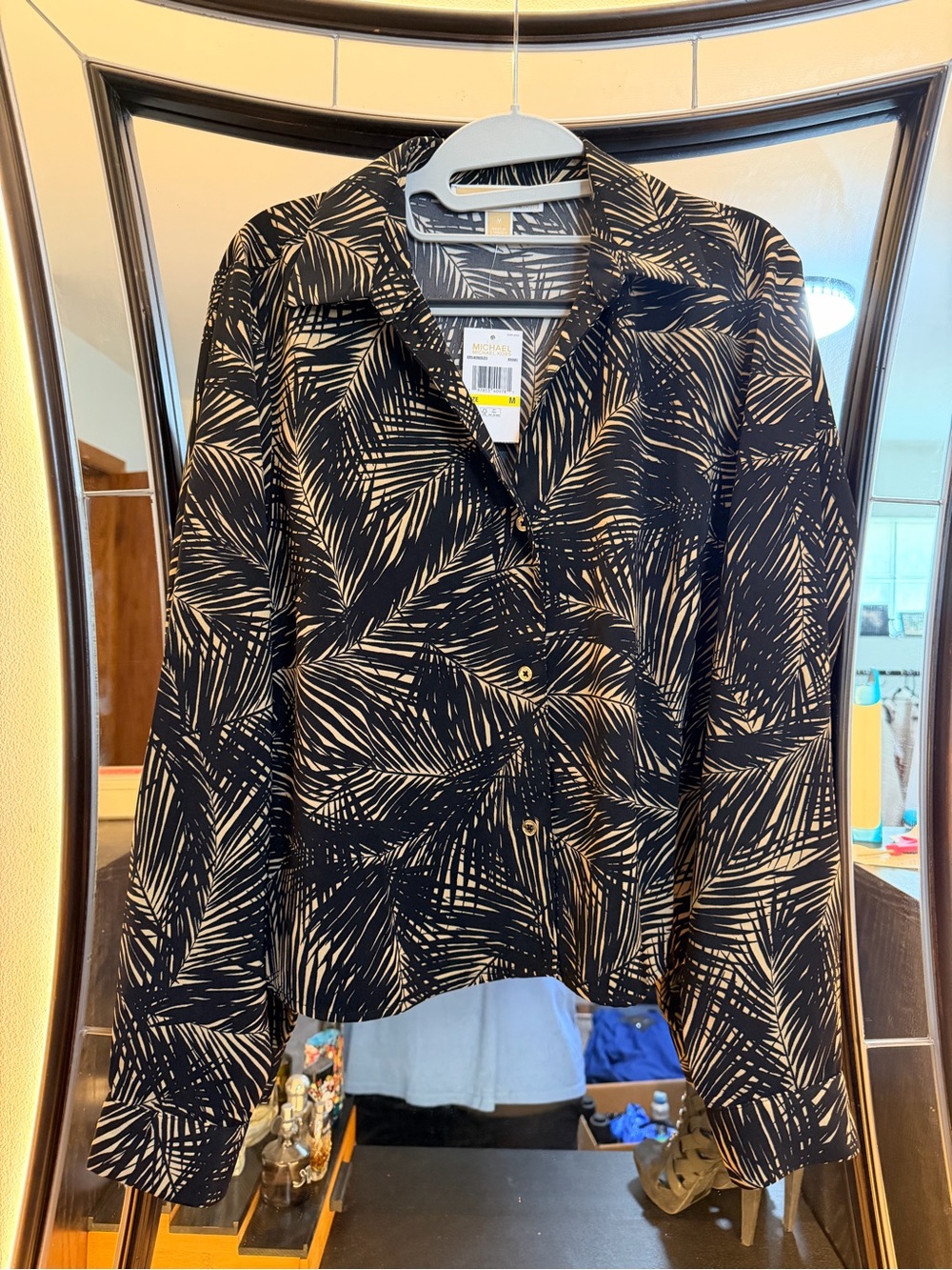 NWT Michael Kors Black Khaki Palm Leaf Print Button Blouse Size M